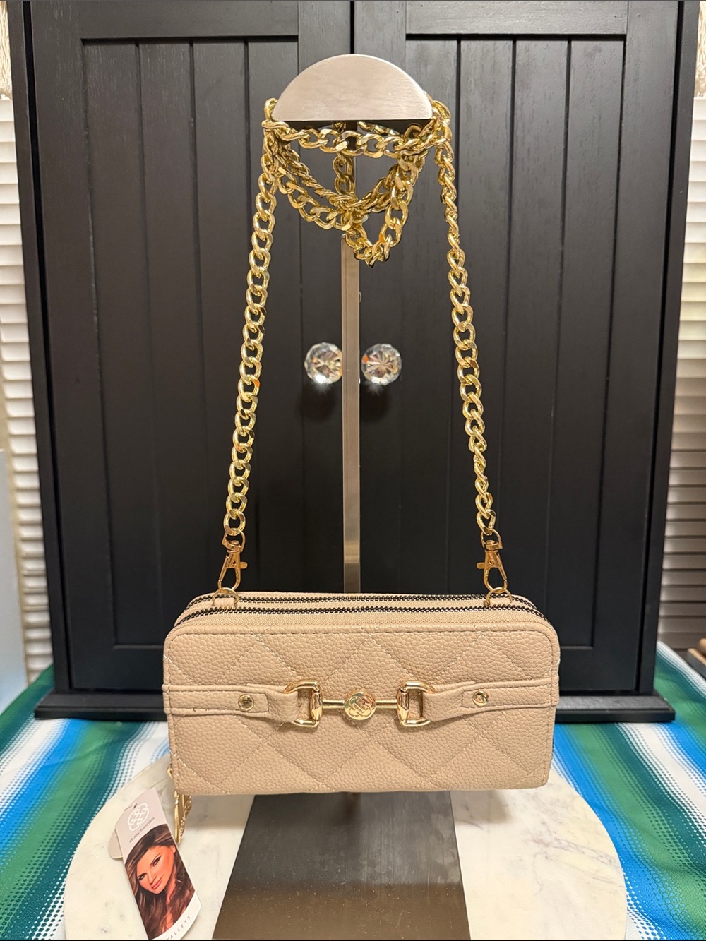 Daisy Fuentes Cream Quilted Crossbody with Gold Chain